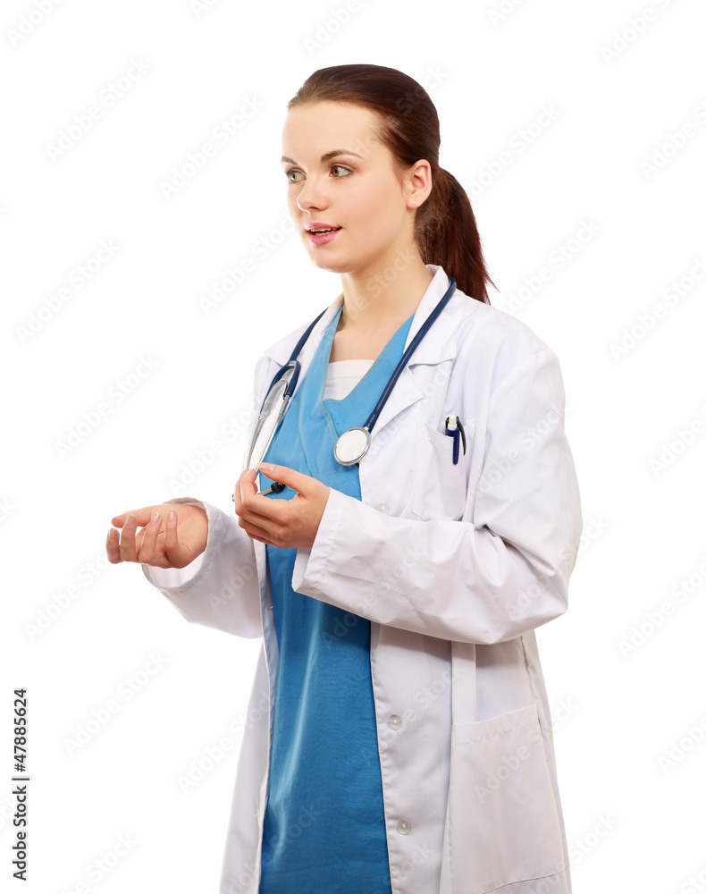 Fototapeta premium Beautiful young doctor with stethoscope