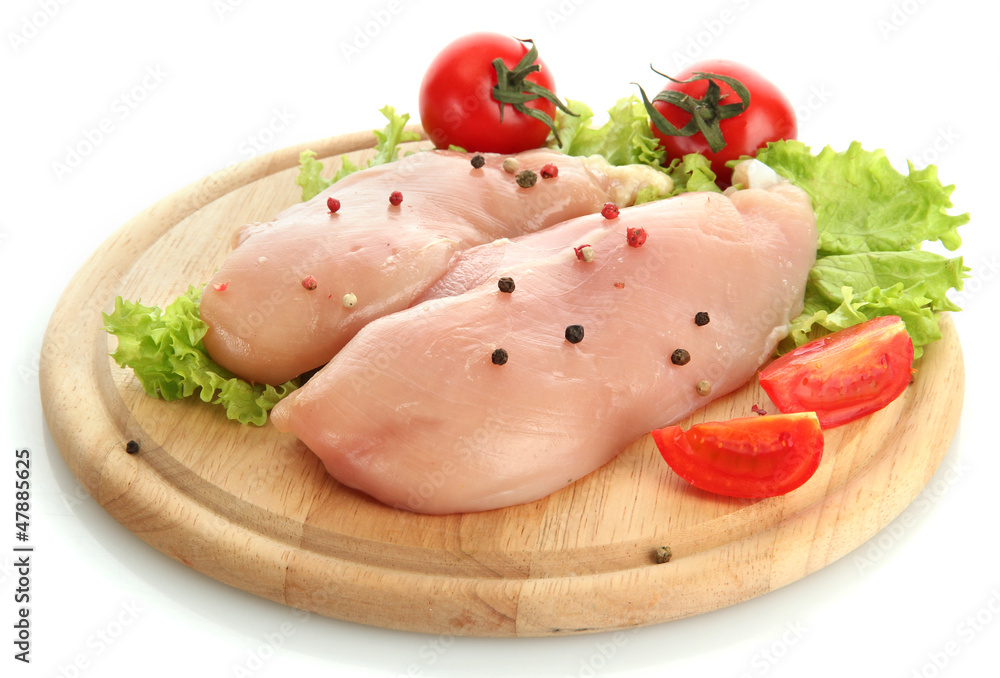 raw chicken meat on cutting board, isolated on white raw chicken meat on cutting board, isolated on white