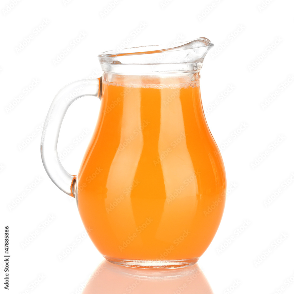 Full jug of tangerine juice, isolated on white Full jug of tangerine juice, isolated on white