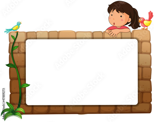 A white board, a girl and birds