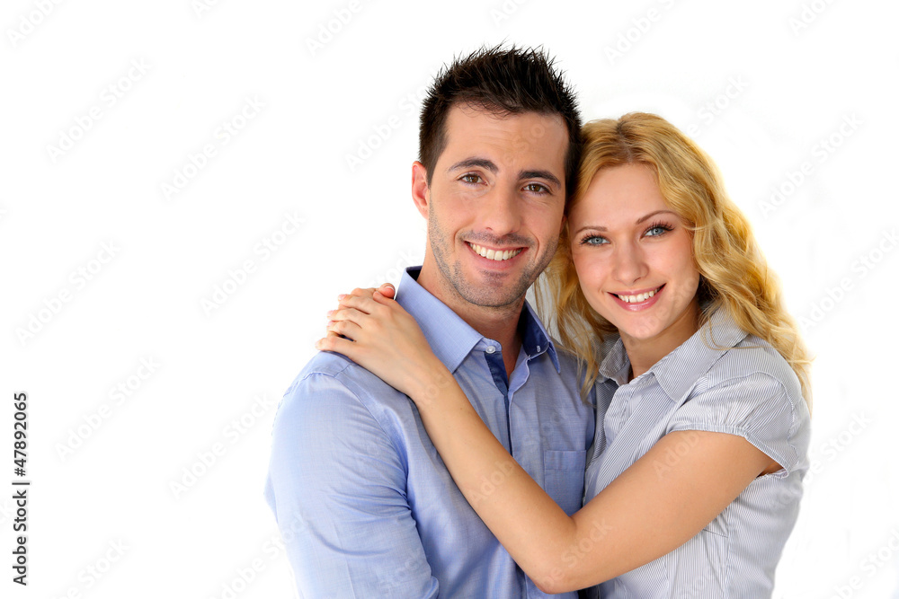 Portrait of cheerful couple on white background Portrait of cheerful couple on white background
