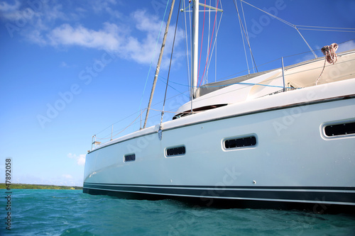 View of catamaran in caribbean water
