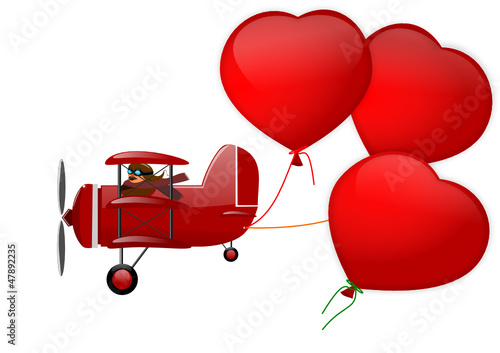 Triplane and three hearts on a white background - illustration