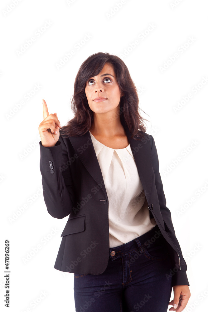 Smiling woman pointing up Smiling woman pointing up