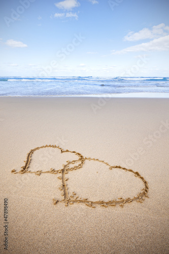 Zwei Herzen in den Sand gemalt