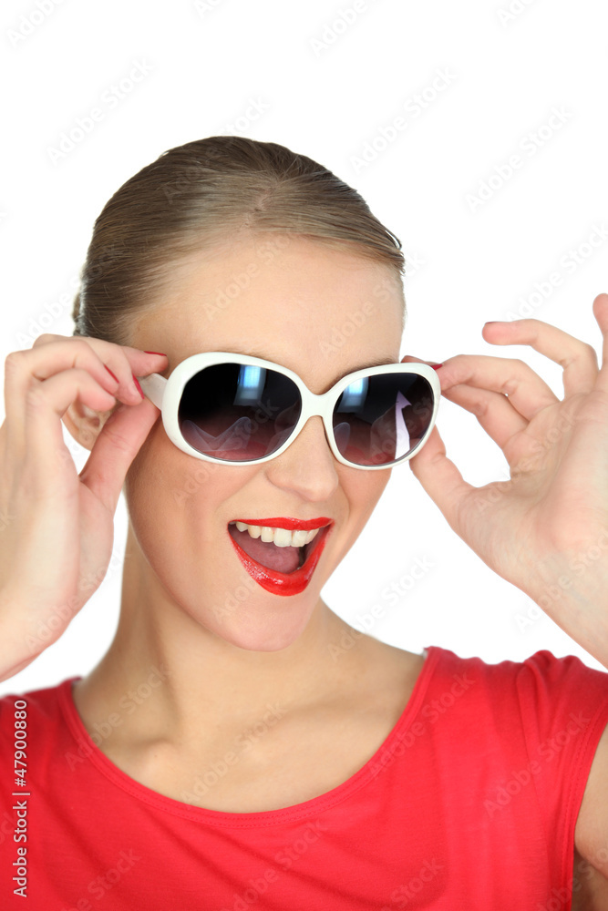 Studio portrait of a fun woman in sunglasses Studio portrait of a fun woman in sunglasses