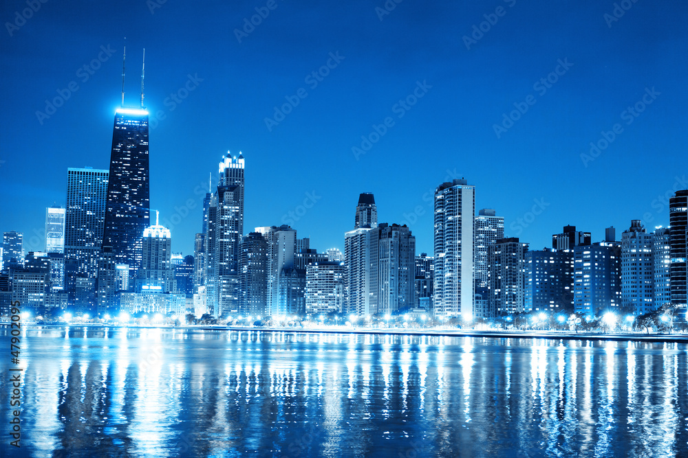 Chicago Night Skyline as Financial Fistrict