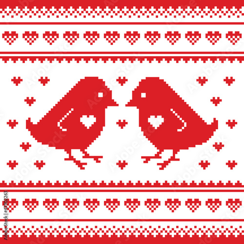 Valentines Day, love pixelated card with birds and hearts