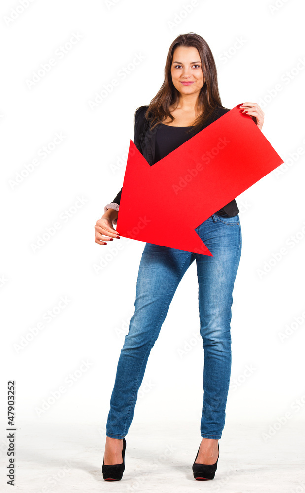 Beautiful woman holding an arrow pointing down Beautiful woman holding an arrow pointing down