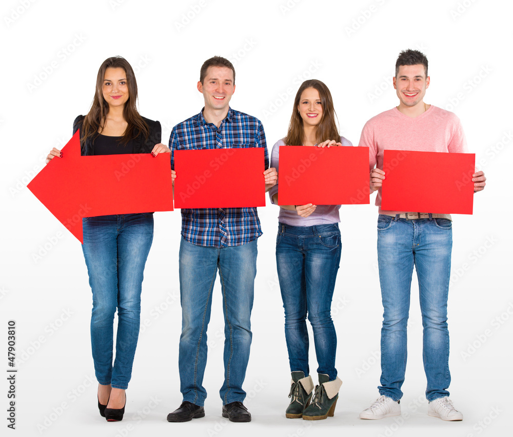 Group of people holding a long, red arrow