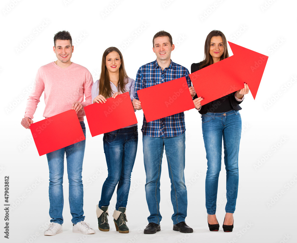 Group of people holding an arrow rising