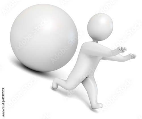 Foto Ball rolling from the mountain. Man flees. 3d render