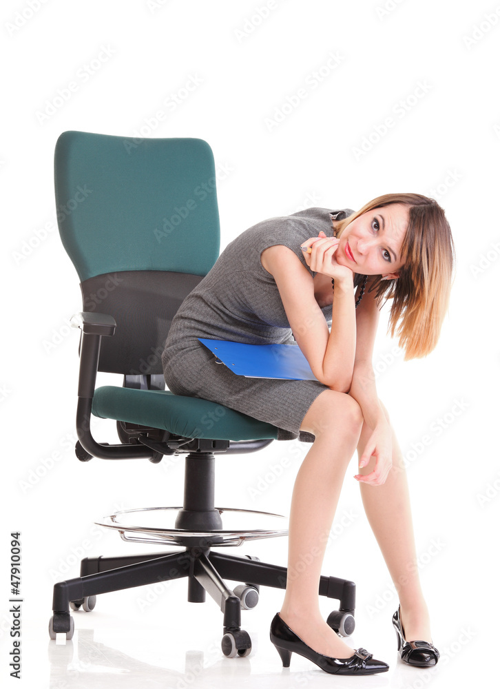 young business woman sitting with her clipboard isolated young business woman sitting with her clipboard isolated
