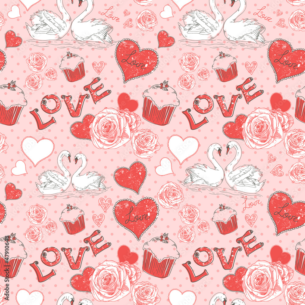 Valentine romantic retro seamless pattern with hearts and swans Valentine romantic retro seamless pattern with hearts and swans