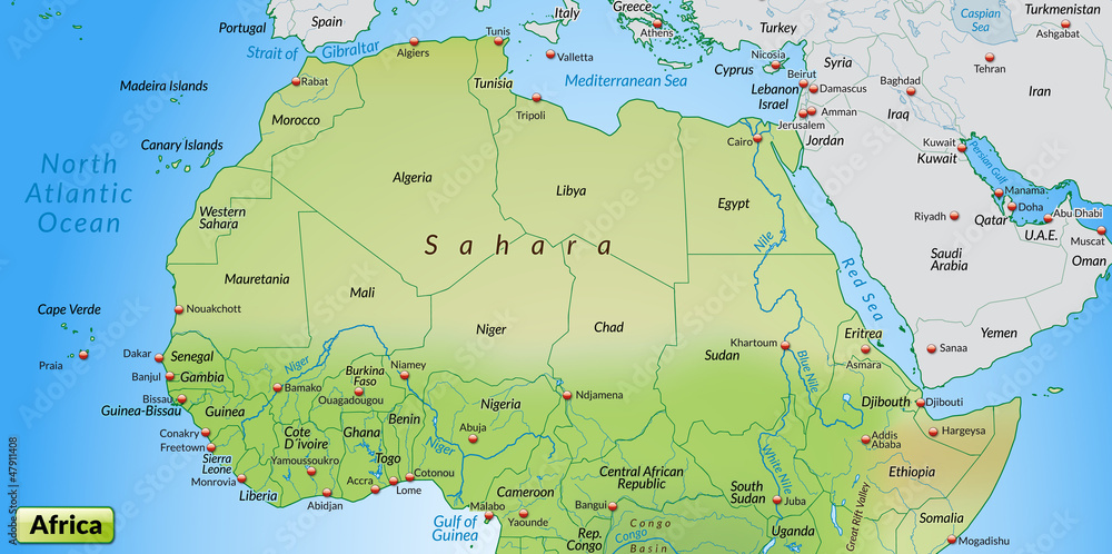 Landkarte vom Norden Afrikas mit Gewässerflächen
