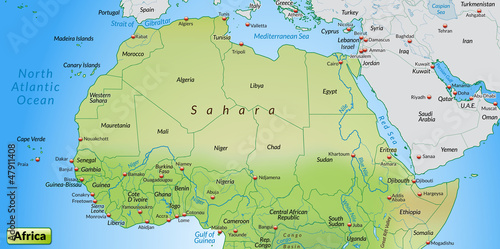 Landkarte vom Norden Afrikas mit Gew  sserfl  chen