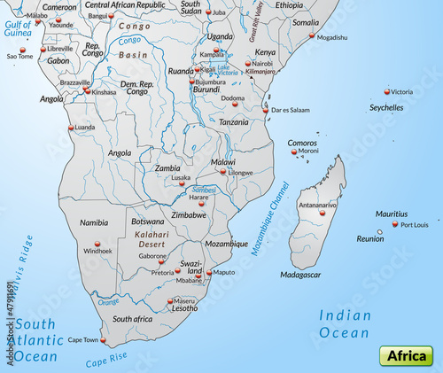 Landkarte vom Südteil Afrikas mit Gewässerflächen
