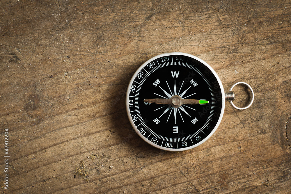 Compass on a wood table Compass on a wood table