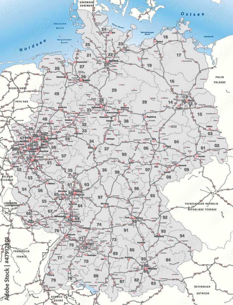 Deutschland mit Postleitzahlen und Verkehrsnetz