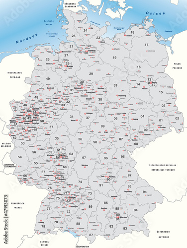 Umgebungskarte von Deutschland mit Postleitzahlen