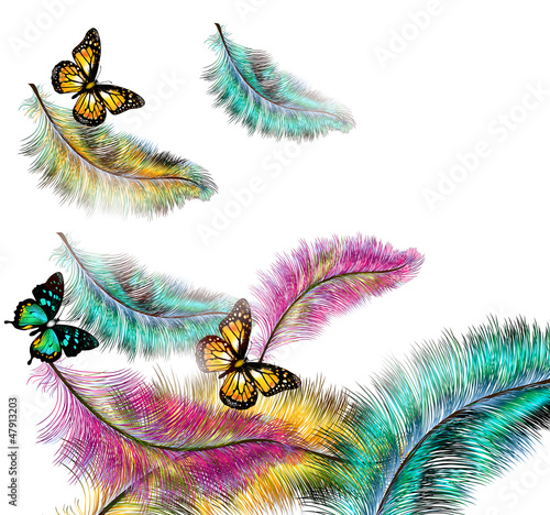 Colorful vector background with ferns and butterflies
