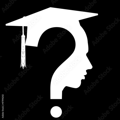 Question mark head with graduation cap, vector