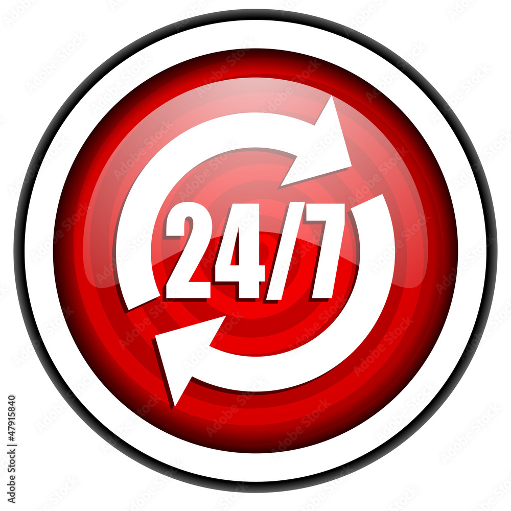 24/7 service red glossy icon isolated on white background 24/7 service red glossy icon isolated on white background