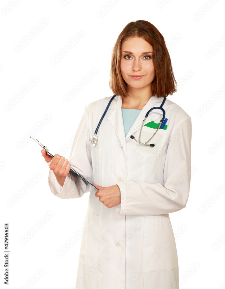 A female doctor with a folder isolated on white background A female doctor with a folder isolated on white background