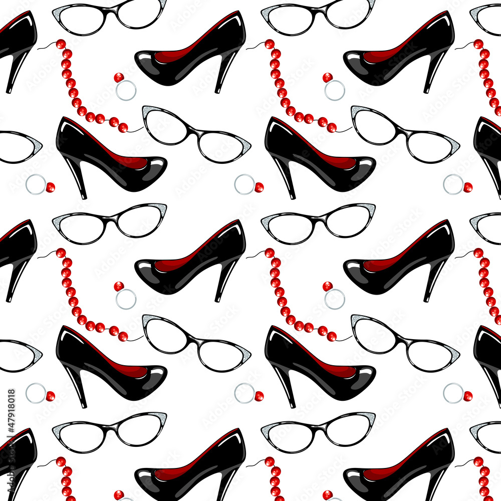 Seamless vector pattern with shoes, ring, beads Seamless vector pattern with shoes, ring, beads