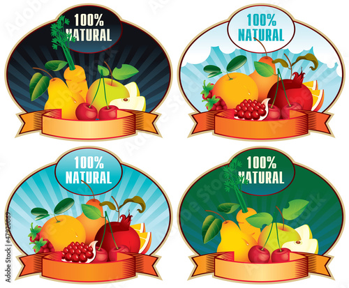 set of four stamps bearing fruit and labeled 100% Natural
