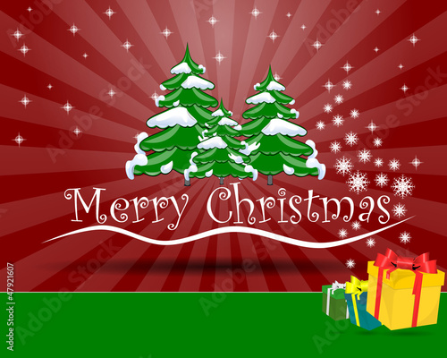 Merry Christmas red card and tree and stars and rays