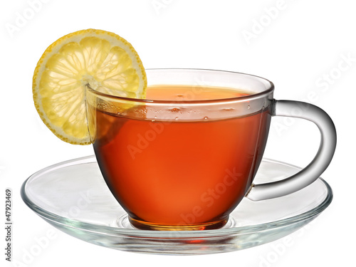 tea in cup with lemon isolated on white background