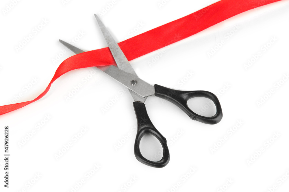 Cutting red ribbon isolated on white Cutting red ribbon isolated on white
