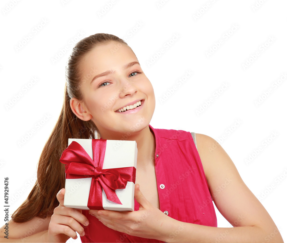 Woman holding gift box isolated on white background Woman holding gift box isolated on white background