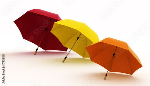3d illustration three multicoloured umbrellas on  white