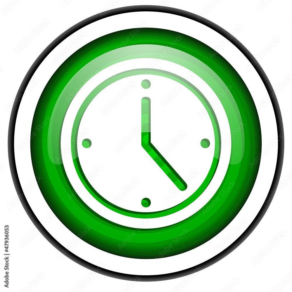 clock green glossy icon isolated on white background clock green glossy icon isolated on white background