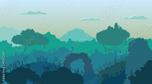 underwater background with flying islands