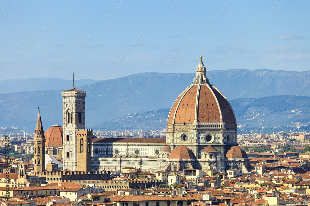 Florence, Duomo Cathedral landmark. Panorama view from Michelang