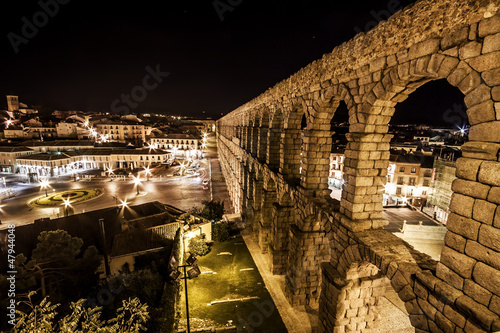 The famous ancient aqueduct of Segovia in the night, Castilla y