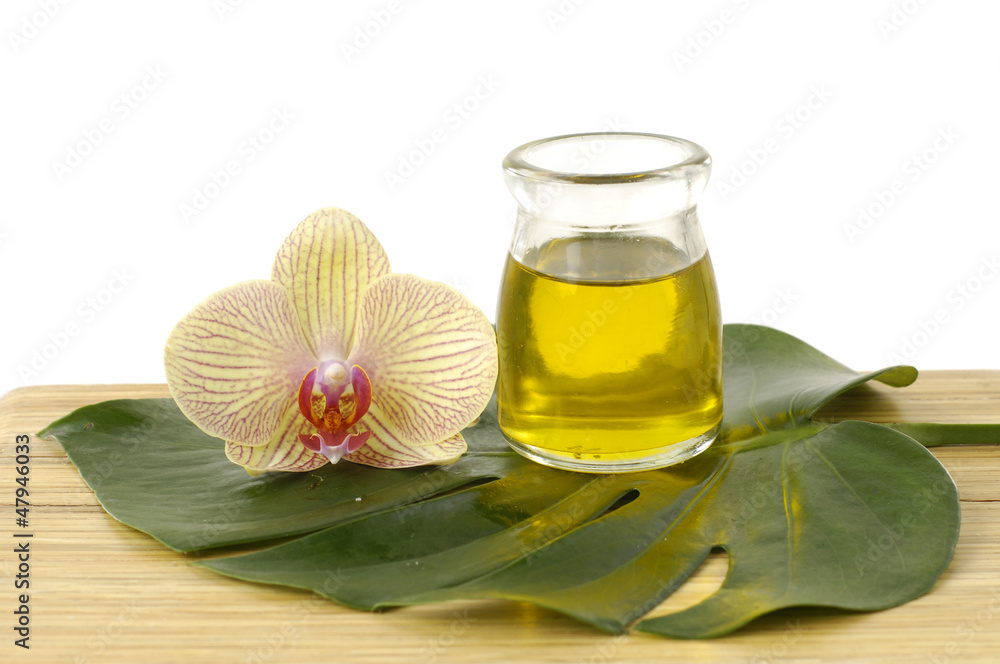 Beautiful orchid and massage oil on green leaf Beautiful orchid and massage oil on green leaf