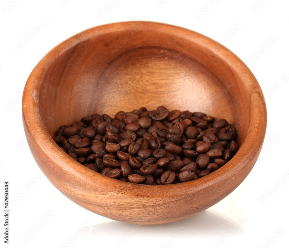 Coffee beans in wooden bowl isolated on white