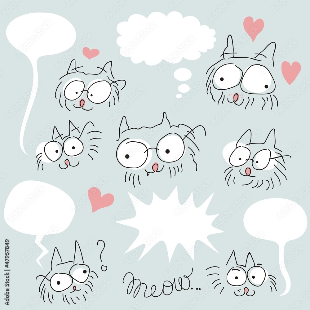 Fototapeta premium Doodled bespectacled cats set