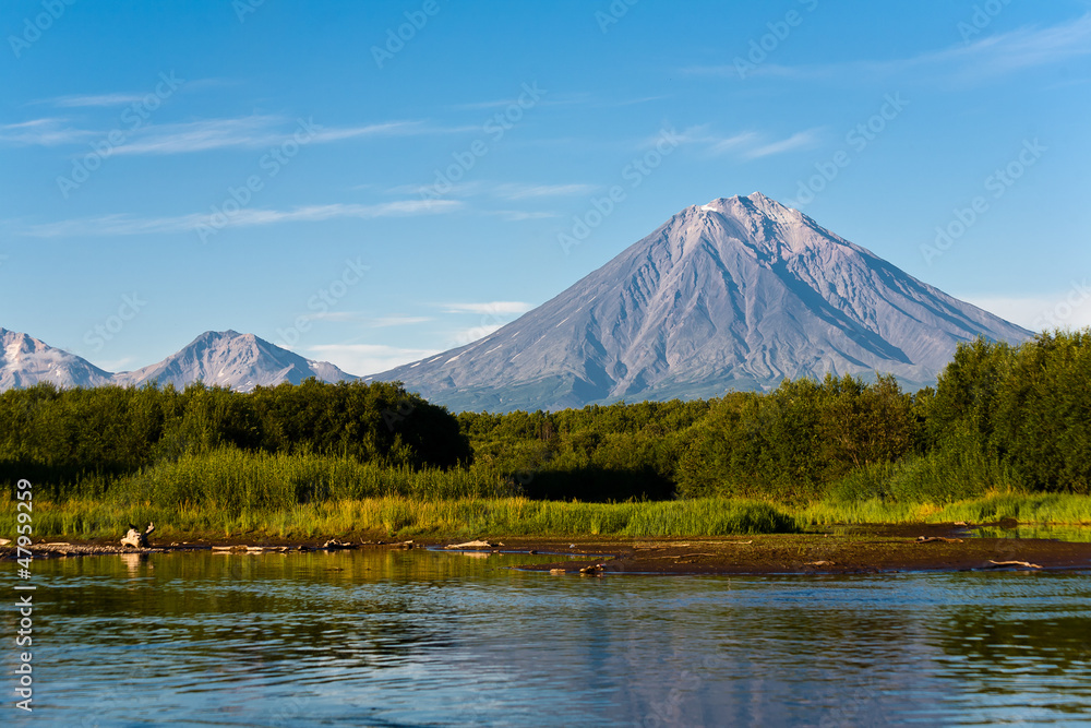 Volcano Koryaksy and river Avacha on Kamchatka.