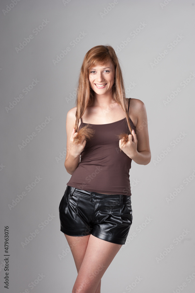 cheerful casual girl on gray cheerful casual girl on gray