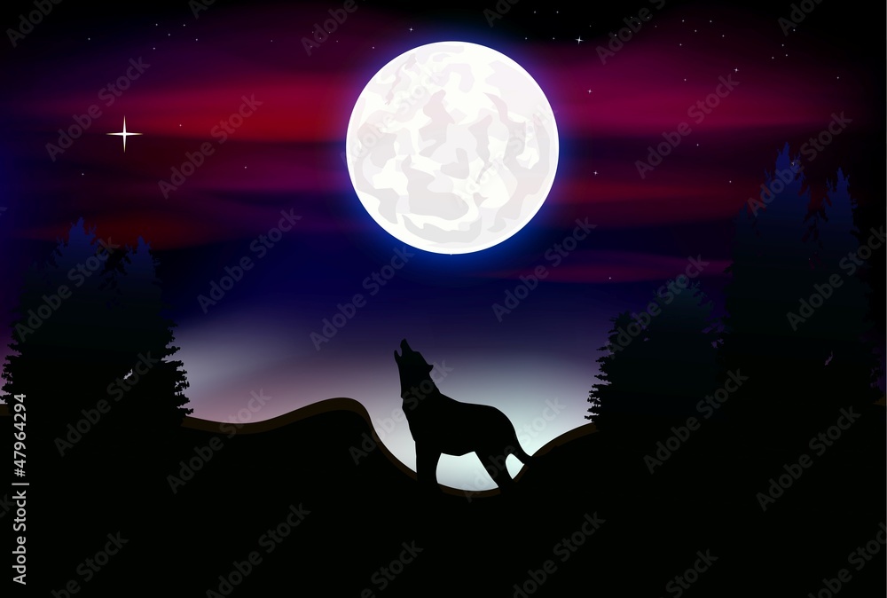 Naklejka premium a wolf howling at the full moon