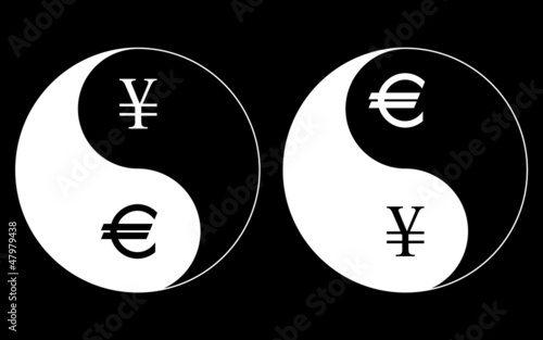 Yin-Yang currency symbols, yen- euro, vector photo