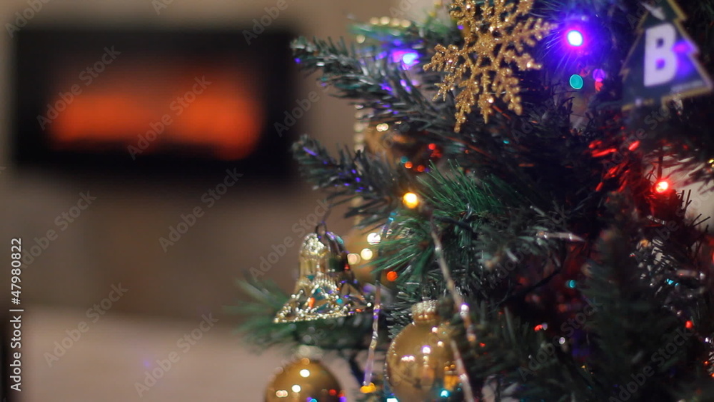 Christmas tree with Colorful lights and fireplace Christmas tree with Colorful lights and fireplace