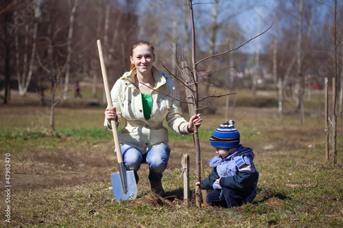 mother and son   planting  tree photo