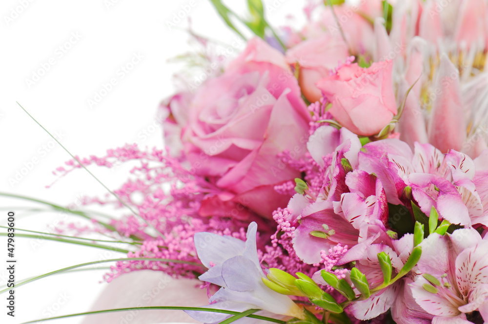fragment of colorful bouquet of roses, cloves, orchids and frees