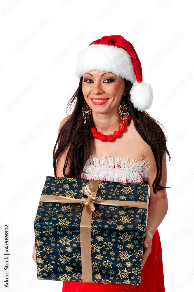 Beautiful brunette Santa Girl with Christmas present in hands on Beautiful brunette Santa Girl with Christmas present in hands on